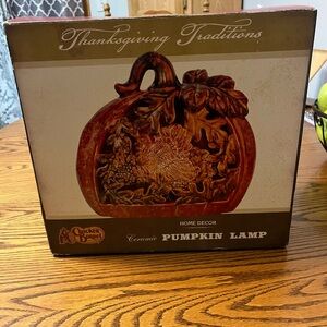 Cracker Barrel Ceramic Pumpkin Lamp with Leaf and Turkey Design